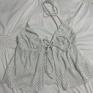 Princess Polly Black and White Polka  Open Front tie Top